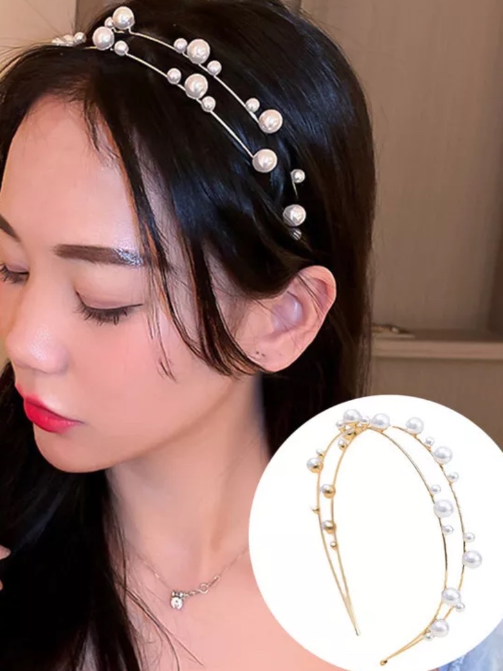 Double Layered Pearl Hair Hoop Big Small Pearls Headband Super Fairy Headwear